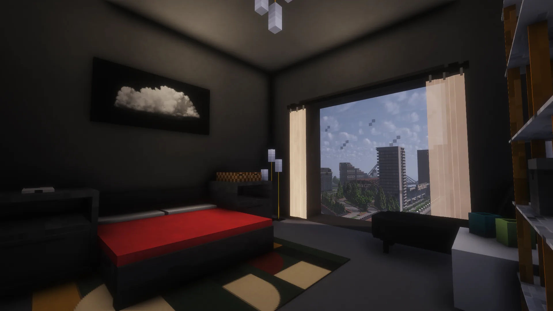 Take a look at that bedroom. It features a a place to sleep as well as a place to relax and some storage for your clothes. It is designed using dark colors giving it a minimalistic feel. The bed and the night tables are also available in many different wood variants.